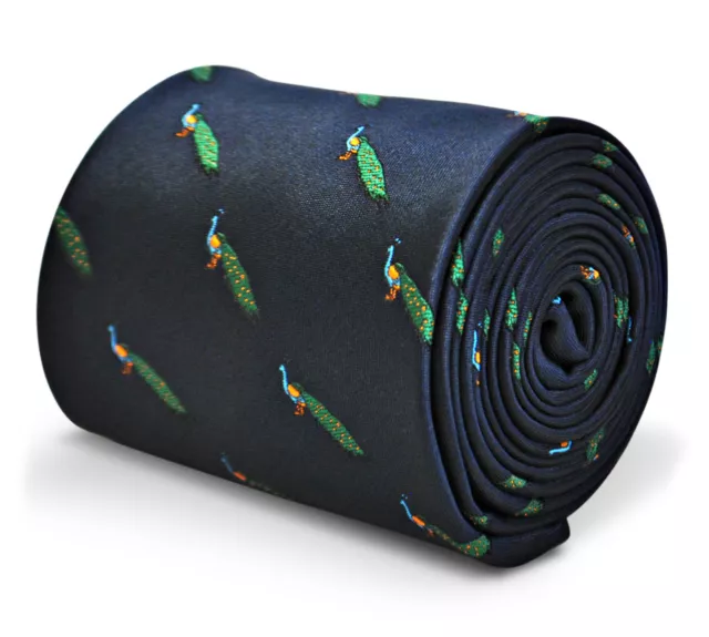 Frederick Thomas Designer Mens Tie - Dark Navy Blue - Embroidered Peacock Print