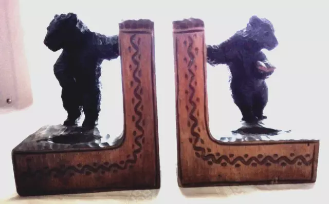 Antique Black Forest Germany Bookends Carved Wood Bears 2 Piece Signed Beautiful