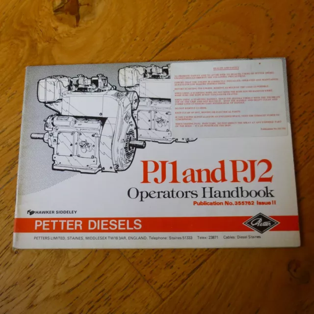 Petter Diesel Engine Type PJ1 and PJ2 Original Operators Handbook Free UK P+P