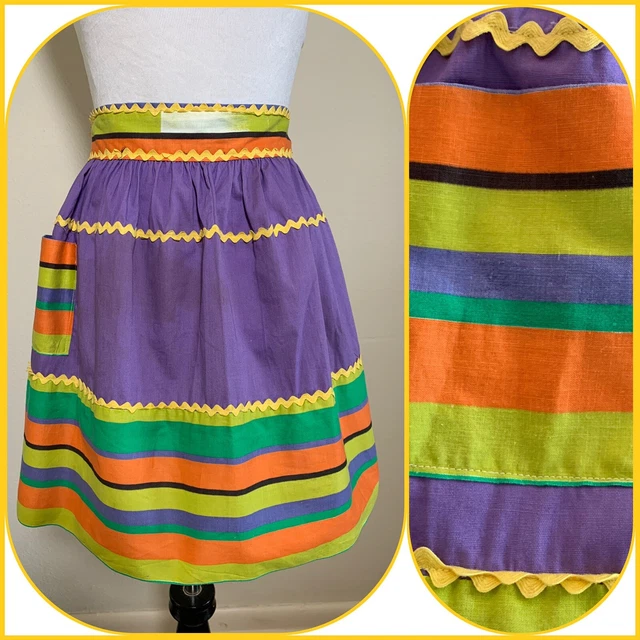 VTG Handmade Striped Color Block Ric Rac HALF APRON Western Farm Craft Kitchen