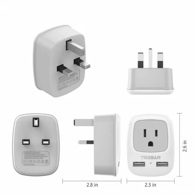 Power Plug Adapter with 2 USB 1 Outlet for US Travel to UK London Ireland Type G 3