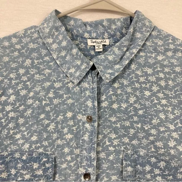 Splendid Ditsy Floral White Blue Lightweight Soft Denim Button Down Large 3