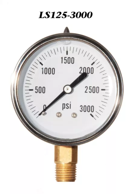 0-3000 PSI Liquid Filled Pressure Gauge, 2.5” Stainless Steel Face, 1/4" LM NPT