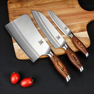 BIGSUNNY 3PCS Stainless Steel Kitchen Knife Set Chopper Santoku & Utility Knife