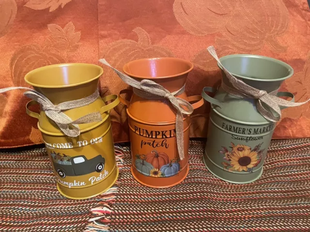 3 New Fall Harvest Decor Milk Jar Can Tin Bucket Vintage Rustic Decoration