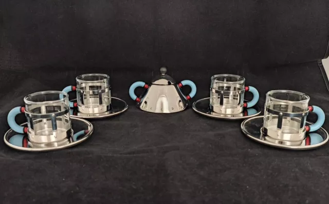 ALESSI Italy Michael Graves four espresso cups with saucers & Sugar bowl (Q0714)