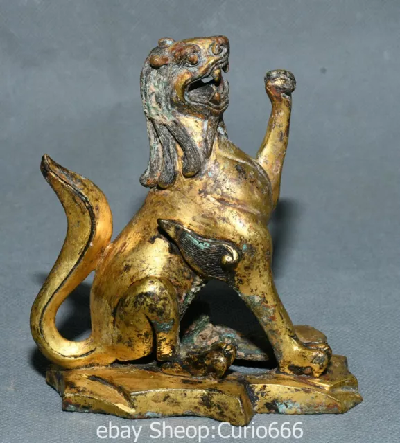 3.9'' Unique Old Chinese Bronze Ware Gold Dynasty Dragon Loong Beast Statue