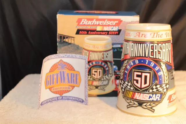 1997 Nascar Budweiser 50Th Anniversary Stein W/ Box & Coa