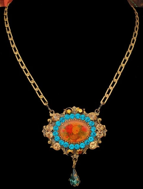 Michal Negrin Necklace Turquoise Gold Crystals Roses Cameo Victorian Pendant