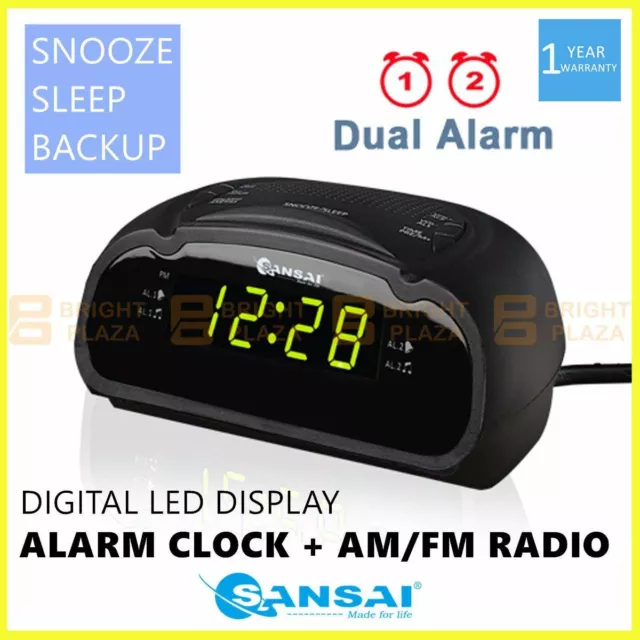 Digital Alarm Clock Radio AM/FM Large Green LED Display Snooze Sleep Backup Dual