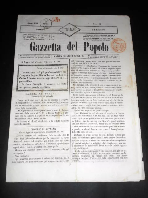 Risorgimento Cavour Torino - Giornale Gazzetta del Popolo n° 12 del 1855
