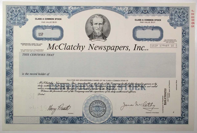 McClatchy Newspapers, Inc. 1990 Specimen Stock Certificate