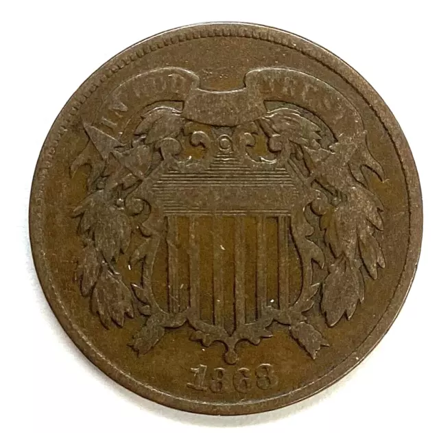 1868 Two Cent Piece (2.8 Mil. Mintage)  -  VG+