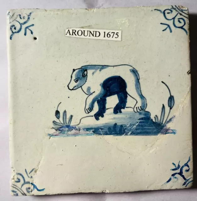 Rare 1675 17th Century Dutch Blue and White Delft Tile - Bear B8