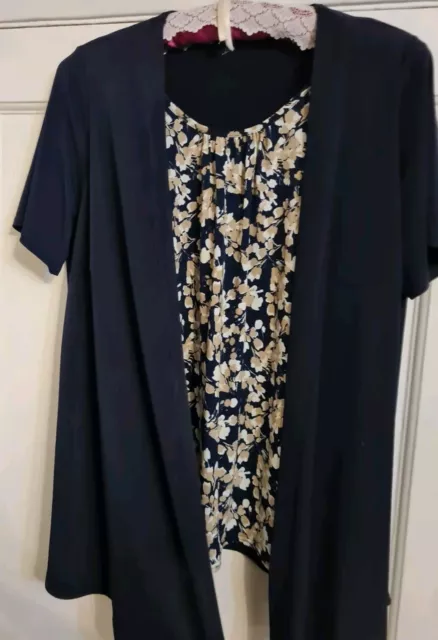 Ladies Size 18 BONMARCHE 2in1 Cardigan Top Navy & Taupe Short Sleeve Waterfall