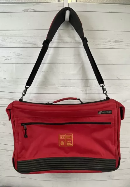 LL Bean Red USC Garment Bag w Leather Trims Travel Durable Nylon  Handle