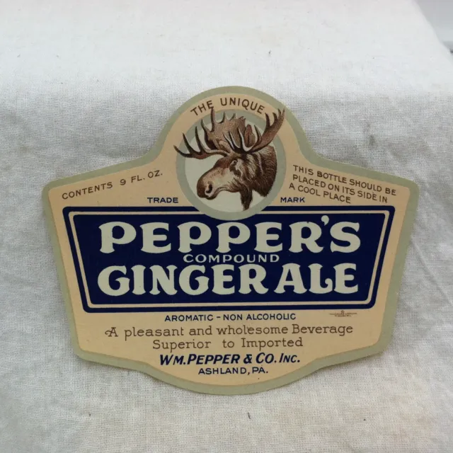 WM. Pepper & Co Pepper's Compound Ginger Ale 9oz diecut soda label Ashland, PA