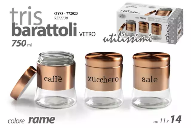 SET Barattoli Sale Zucchero Caffè Tris 3 METALLO RAME Vetro 750 ML 14*11cm