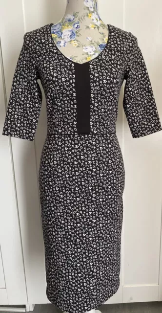 LISA BARRON Black White Allover Print Stretch 3/4 Sleeve Dress Size 10