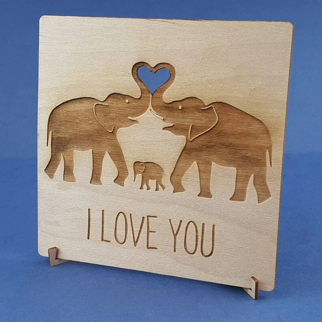 Mignon Éléphant & Bébé Cœur en Bois Carte - Personnalisé Cadeau Unique/Valentin