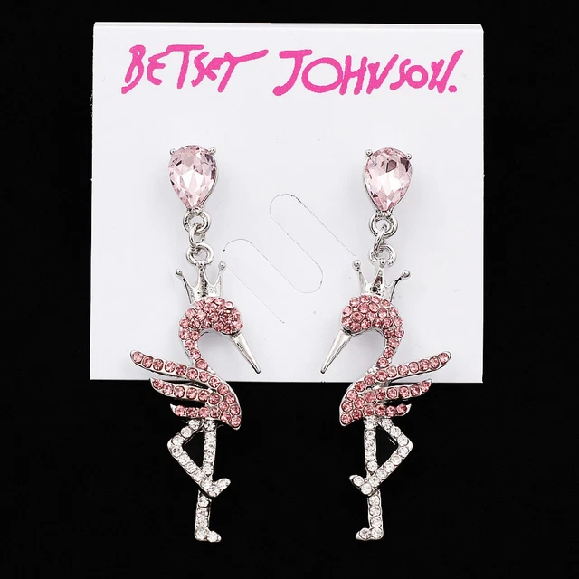 Betsey Johnson Pink Crystal Rhinestone Flamingo Bird Earbob Dangle Earrings Gift