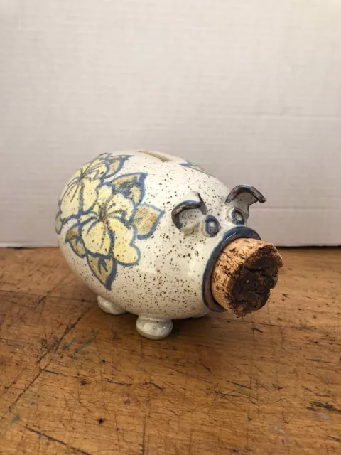 Vintage Glazed Exterior/Interior Clay Pottery Flower Corky Piggy Coin Bank, USA