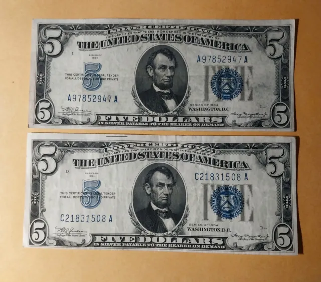 Lot of- 2-  1934  Five Dollar Silver Certificate $5 Bill Blue Seal Note