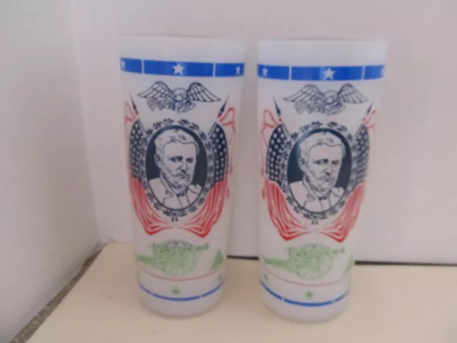 Vintage CIVIL WAR CENTENNIAL U.S. GRANT Frosted Glass Tumbler Lot of 2~c. 1965