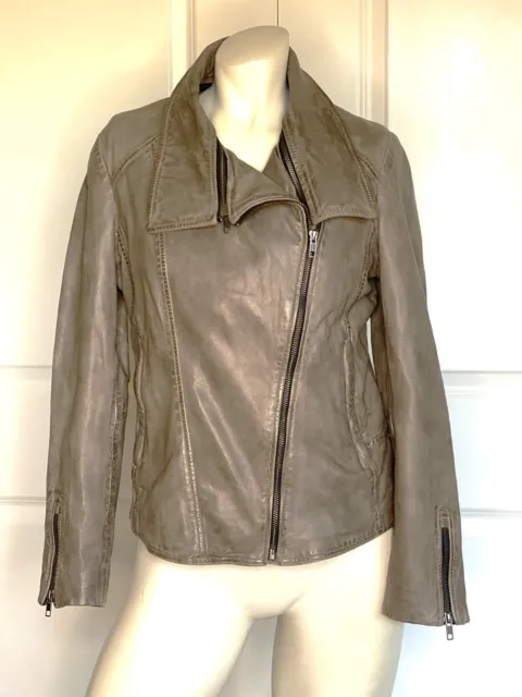 Soia & Kyo Distressed Leather Taupe Motorcycle Jacket Size: M / L