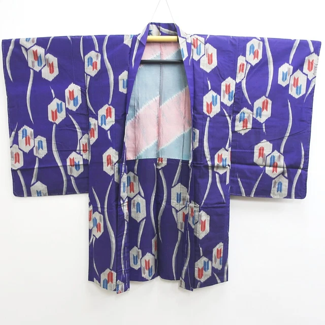 8980C3 Silk Vintage Japanese Kimono Haori Jacket Meisen Yabane Tall 3