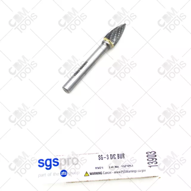 SGS PRO 13903 - 3/8" Cut, 1/4" Shank, Carbide Double Cut Tree Burr - SG-3D