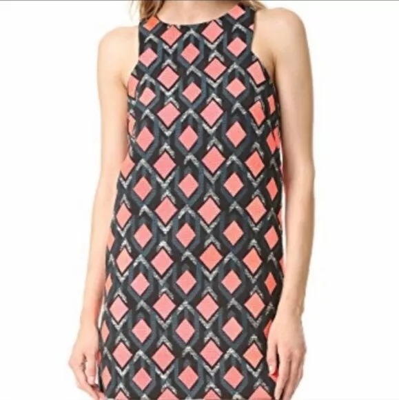 MILLY Angular Diamond Jacquard Geometric Tweed Shift Dress Size 8 Black Coral 2