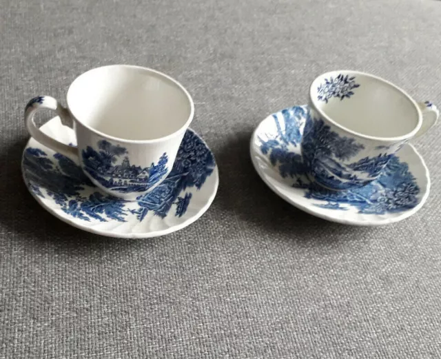 2 x Vintage Swinnertons Ironstone The Ferry Blue white cup saucers England MINT