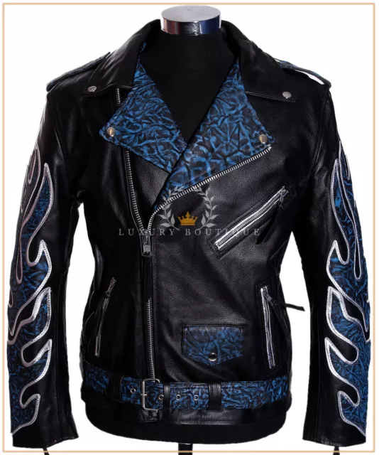 Brando Men's Blue Flames Motorcycle Real Cowhide Leather Biker Fashion Jacket