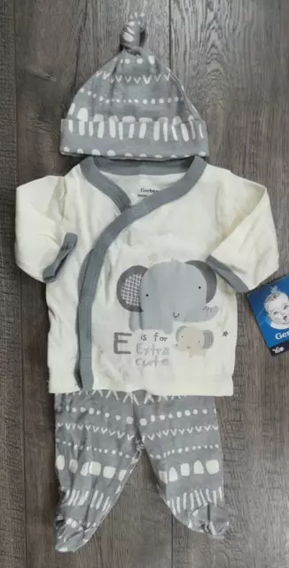 Baby Boy Clothes New Gerber Preemie 3pc Gray Elephant Footed Outfit & Hat