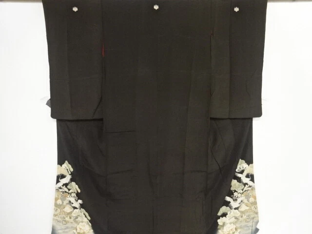 39909# Japanese Kimono / Antique Tomesode / Kinsha / Embroidery / Pine & Cra