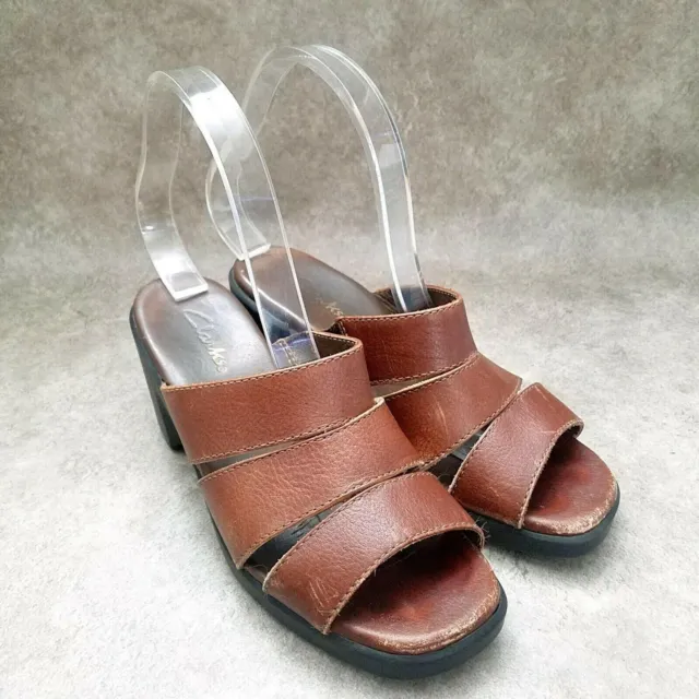 Clarks Womens  33648 Size 7.5 Brown  Leather Slide Block Heels Sandals