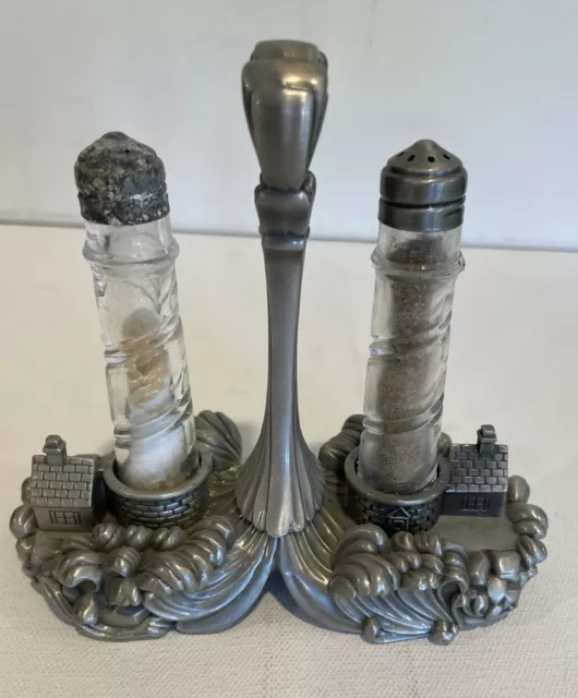 Lenox Silver Seas Lighthouse Lead Crystal Salt & Pepper Shakers Set Pewter Caddy