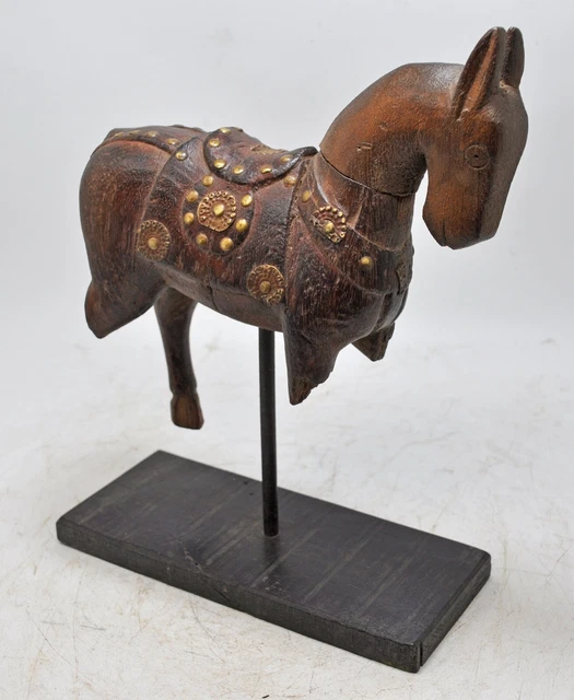 Figurine Ancienne Tête De Cheval En Bois - Sculpture Originale Faite Main - Inde