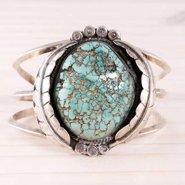 "Enorme Pulsera De Hojas De Cuerda Turquesa Royston Peón Antiguo Plata Esterlina 6,75"