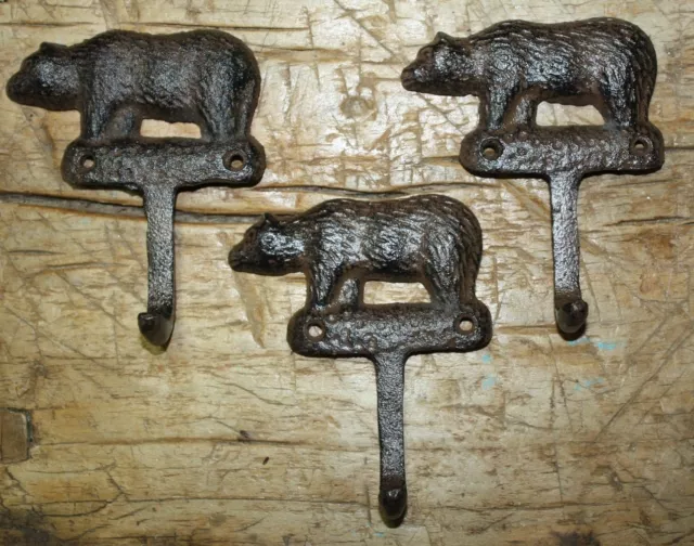 3 Cast Iron Antique Style BEAR Towel Coat Hooks Hat Hook Key Rack Hunting