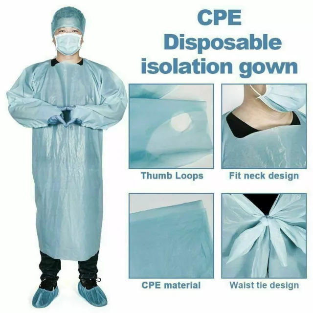 100 Blue Disposable CPE Isolation Medical Gowns Full Sleeves Apron Thumb Loop