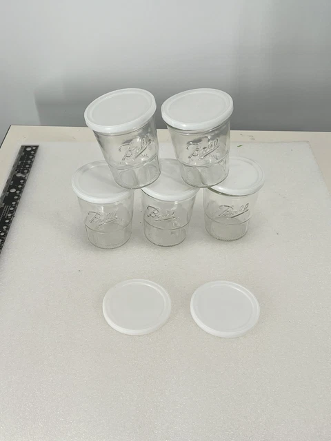 5 Vintage BALL Jelly Jam Freezer Jars w/ 7 White Plastic Snap-On Lids