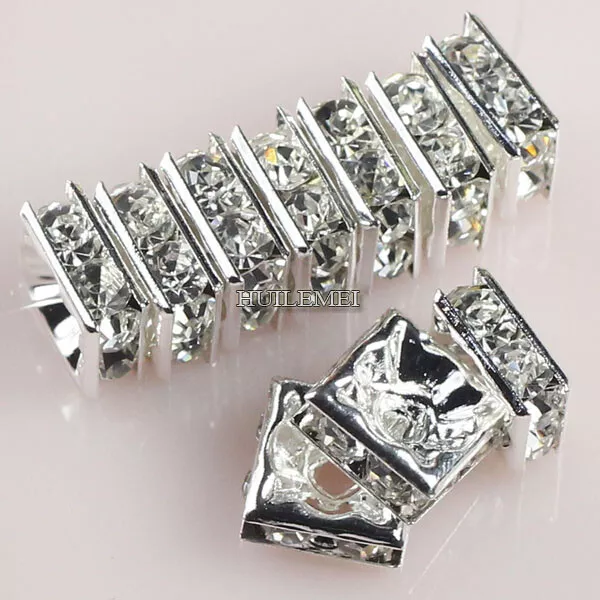 100pcs Silver Plated Crystal Rhinestone Square Spacer Beads 5x5/6x6/8x8/10x10mm