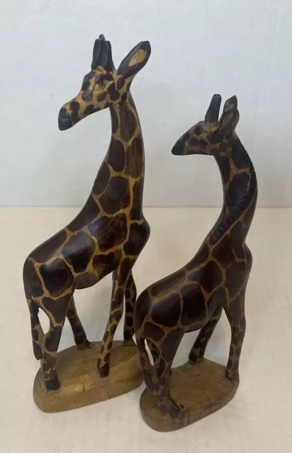 Pair of Hand Carved Wooden African Giraffes Figures Statues Lot of 2
