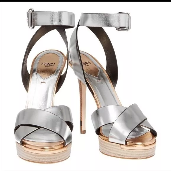 FENDI Roma Claire Silver ankle strap high heels size 6.5 NEW!