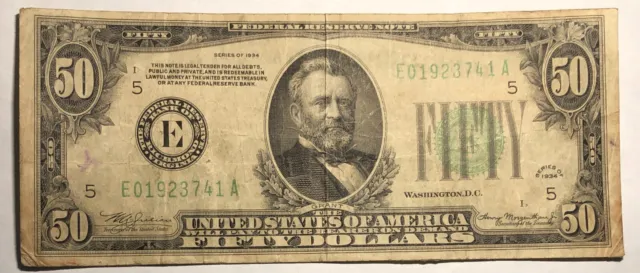 1934 green seal $50 bill. Federal Reserve Note E Richmond. FR-2102E. Fine.  #2
