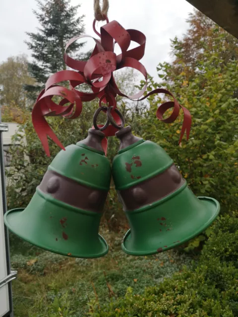 Doppel Glocke mit Klöppel Deko Nostalgie Weihnachten Shabby Look Neu grün
