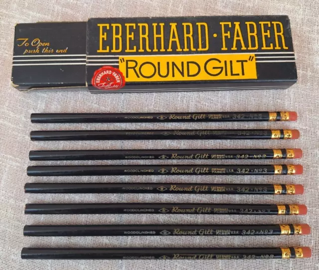 Eight (8) Vintage Eberhard Faber Round Gilt #342 No.3 Hard Pencils With Box USA