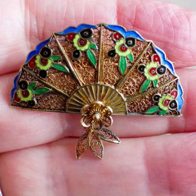 Vintage Chinese Gold Gilt Silver Turquoise Enamel Fan Brooch